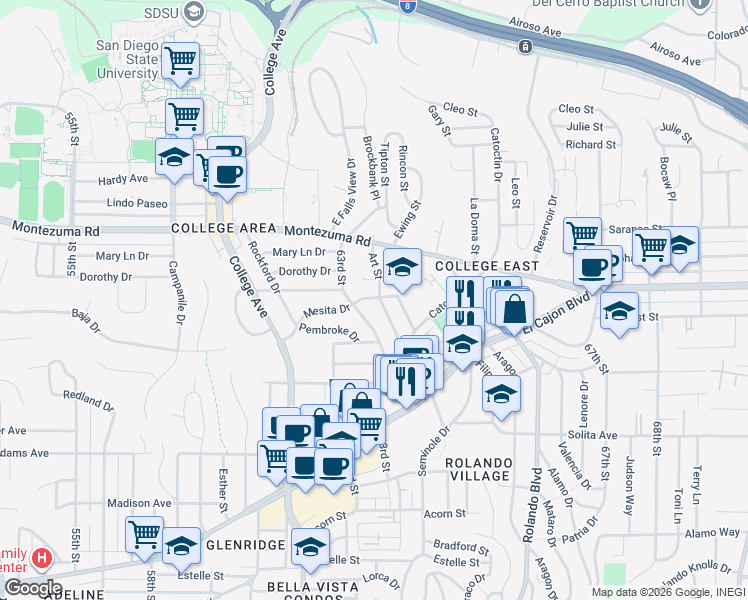 map of restaurants, bars, coffee shops, grocery stores, and more near 4944 Art Street in San Diego