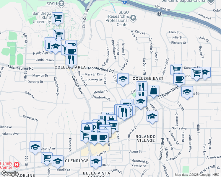 map of restaurants, bars, coffee shops, grocery stores, and more near 6223 Mesita Drive in San Diego