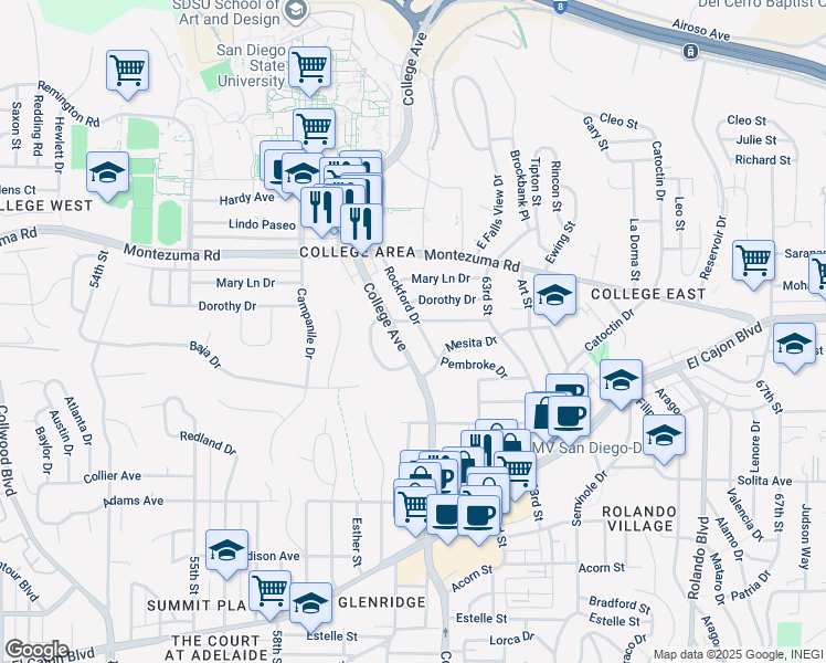 map of restaurants, bars, coffee shops, grocery stores, and more near 4927 College Avenue in San Diego