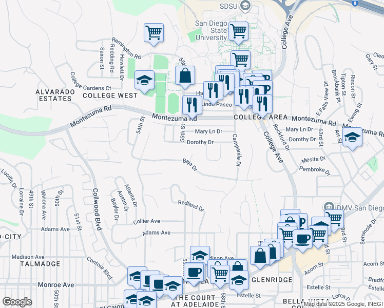 map of restaurants, bars, coffee shops, grocery stores, and more near 5562 Baja Drive in San Diego