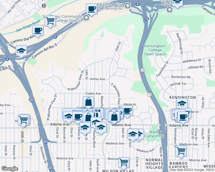 map of restaurants, bars, coffee shops, grocery stores, and more near 3512 Copley Avenue in San Diego