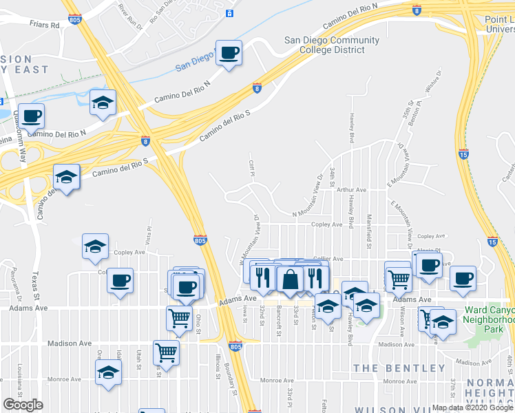 map of restaurants, bars, coffee shops, grocery stores, and more near 4912 West Mountain View Drive in San Diego