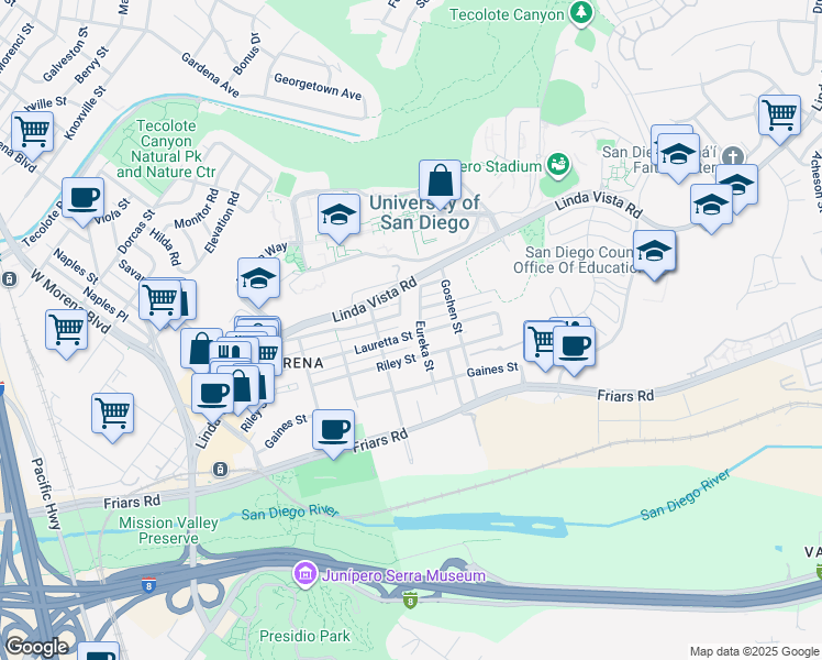 map of restaurants, bars, coffee shops, grocery stores, and more near 5772 Riley Street in San Diego