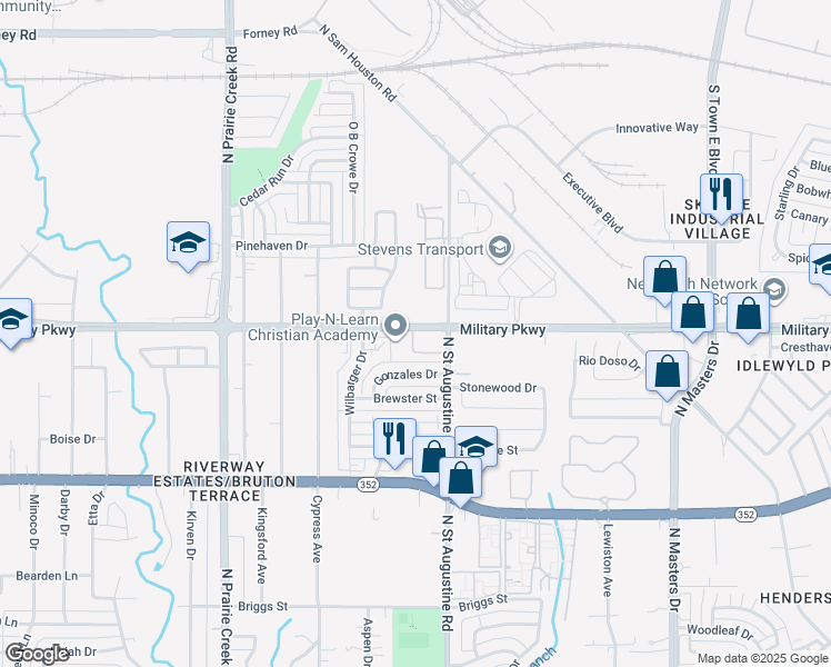 map of restaurants, bars, coffee shops, grocery stores, and more near 9524 Military Parkway in Dallas