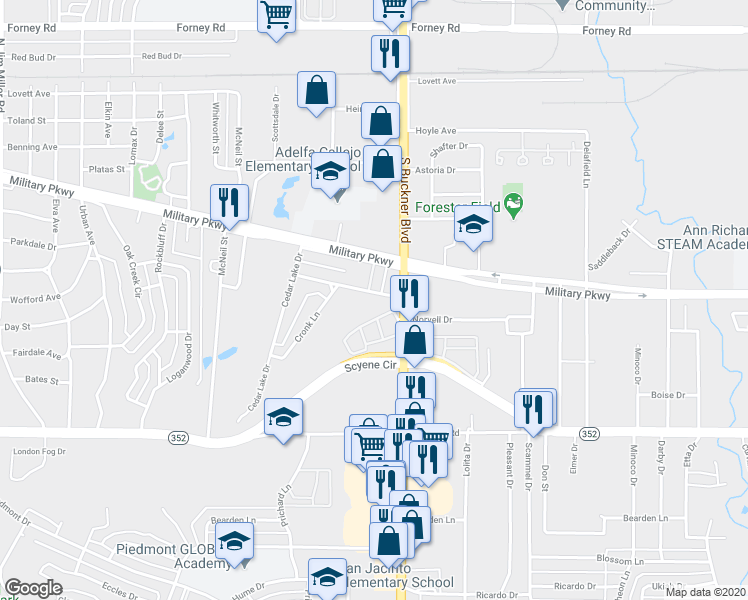map of restaurants, bars, coffee shops, grocery stores, and more near 3505 South Buckner Boulevard in Dallas