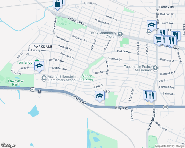 map of restaurants, bars, coffee shops, grocery stores, and more near 6363 Hollis Avenue in Dallas