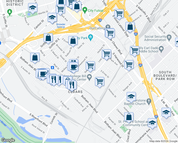 map of restaurants, bars, coffee shops, grocery stores, and more near 2009 Browder Street in Dallas