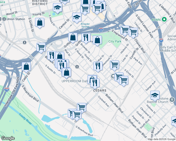 map of restaurants, bars, coffee shops, grocery stores, and more near 1635 Wall Street in Dallas