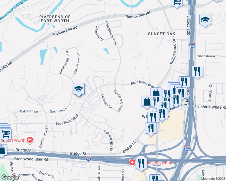 map of restaurants, bars, coffee shops, grocery stores, and more near 821 Firewheel Trail in Fort Worth