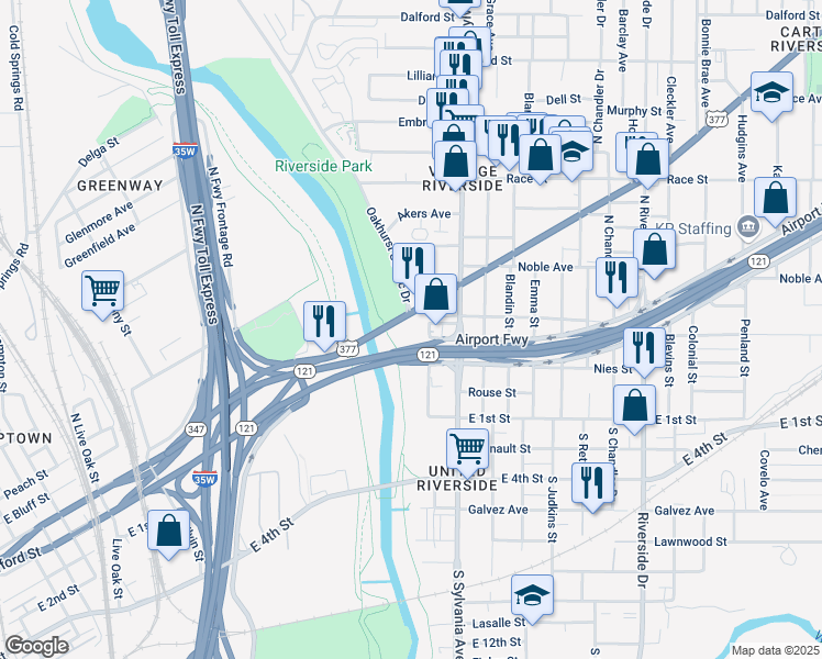 map of restaurants, bars, coffee shops, grocery stores, and more near 2408 East Belknap Street in Fort Worth
