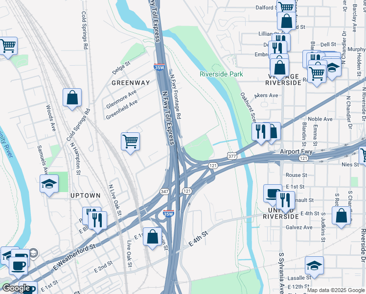 map of restaurants, bars, coffee shops, grocery stores, and more near Pharr Street in Fort Worth