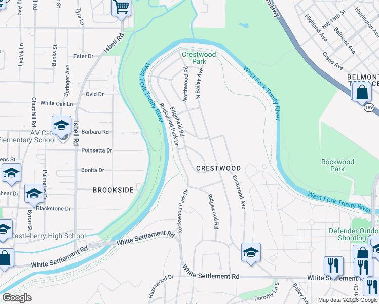 map of restaurants, bars, coffee shops, grocery stores, and more near 617 Edgefield Road in Fort Worth