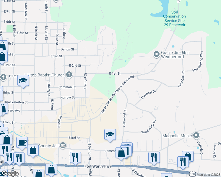 map of restaurants, bars, coffee shops, grocery stores, and more near 129 Legacy Boulevard in Weatherford