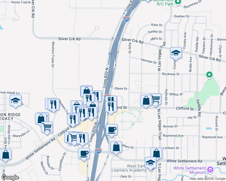 map of restaurants, bars, coffee shops, grocery stores, and more near 600 Jim Wright Freeway in White Settlement