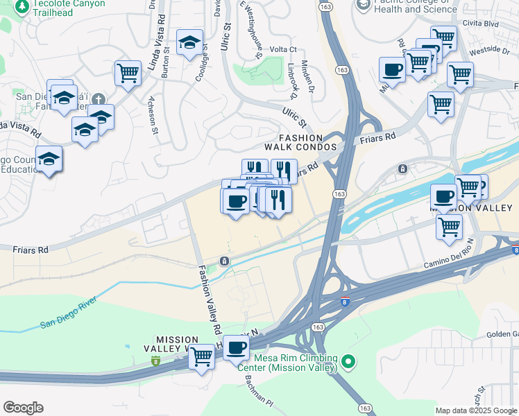 map of restaurants, bars, coffee shops, grocery stores, and more near 7007 Friars Road in San Diego