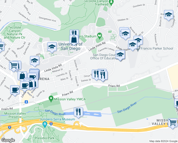 map of restaurants, bars, coffee shops, grocery stores, and more near 1209 Hueneme Street in San Diego
