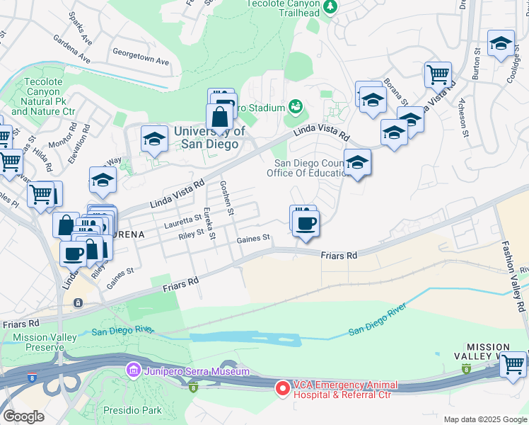 map of restaurants, bars, coffee shops, grocery stores, and more near 1209 Hueneme Street in San Diego