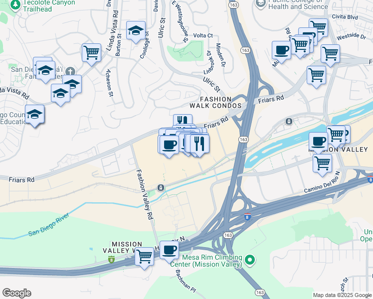 map of restaurants, bars, coffee shops, grocery stores, and more near 7007 Friars Road in San Diego