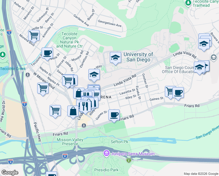map of restaurants, bars, coffee shops, grocery stores, and more near 5550 Mildred Street in San Diego