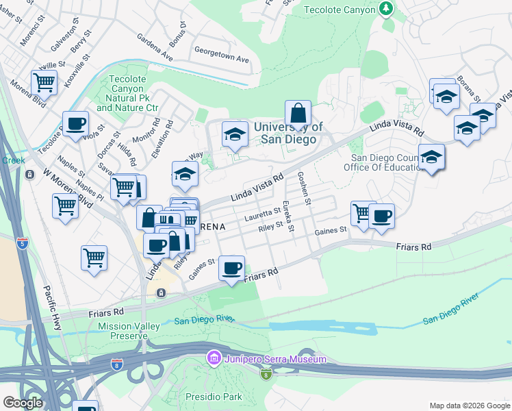 map of restaurants, bars, coffee shops, grocery stores, and more near 1236 Colusa Street in San Diego