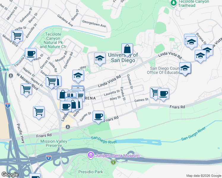 map of restaurants, bars, coffee shops, grocery stores, and more near 5707 Mildred Street in San Diego