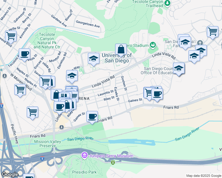 map of restaurants, bars, coffee shops, grocery stores, and more near 5736 Lauretta Street in San Diego