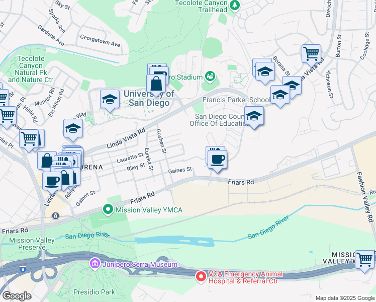 map of restaurants, bars, coffee shops, grocery stores, and more near 1209 Hueneme Street in San Diego