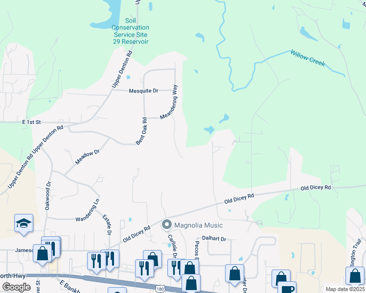 map of restaurants, bars, coffee shops, grocery stores, and more near 117 Ashley Lane in Weatherford