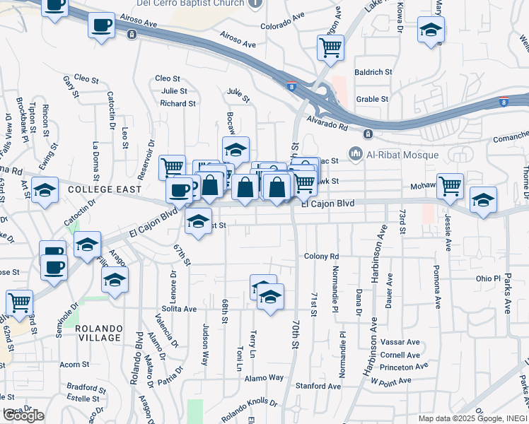 map of restaurants, bars, coffee shops, grocery stores, and more near 4954 69th Street in San Diego
