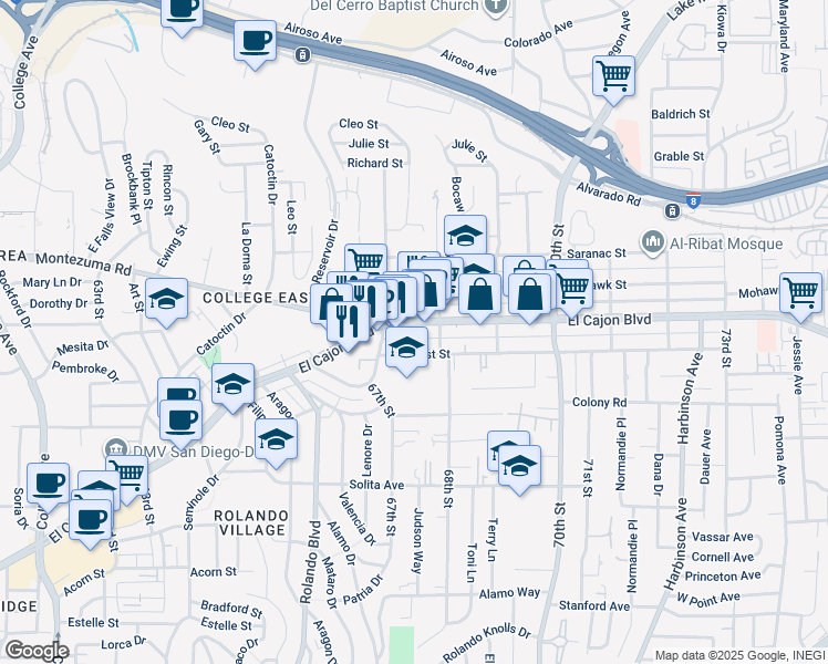 map of restaurants, bars, coffee shops, grocery stores, and more near 6766 El Cajon Boulevard in San Diego
