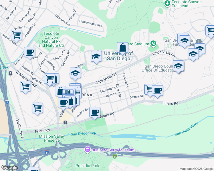 map of restaurants, bars, coffee shops, grocery stores, and more near 5707 Mildred Street in San Diego
