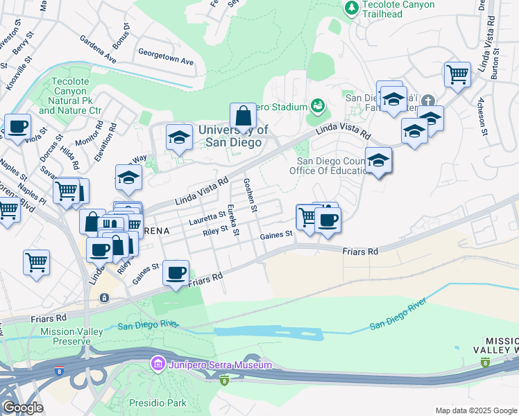 map of restaurants, bars, coffee shops, grocery stores, and more near 1273 Goshen Street in San Diego