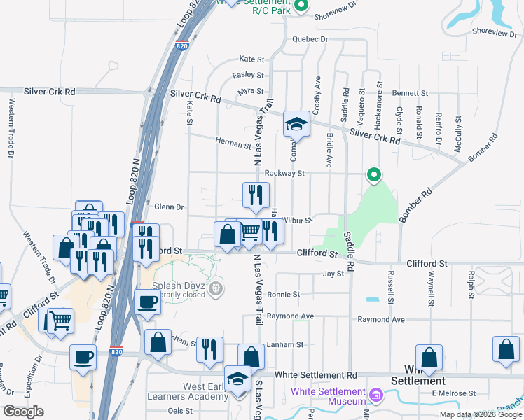 map of restaurants, bars, coffee shops, grocery stores, and more near 616 North Las Vegas Trail in White Settlement