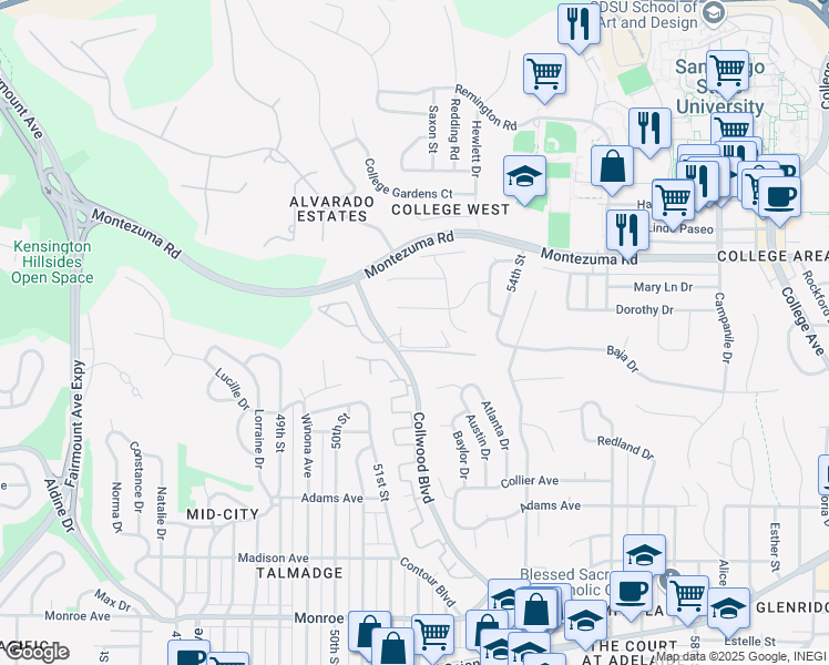 map of restaurants, bars, coffee shops, grocery stores, and more near 4929 Collwood Boulevard in San Diego