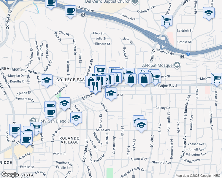 map of restaurants, bars, coffee shops, grocery stores, and more near 6766 El Cajon Boulevard in San Diego