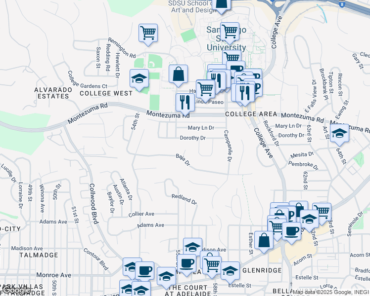 map of restaurants, bars, coffee shops, grocery stores, and more near 5531 Dorothy Drive in San Diego