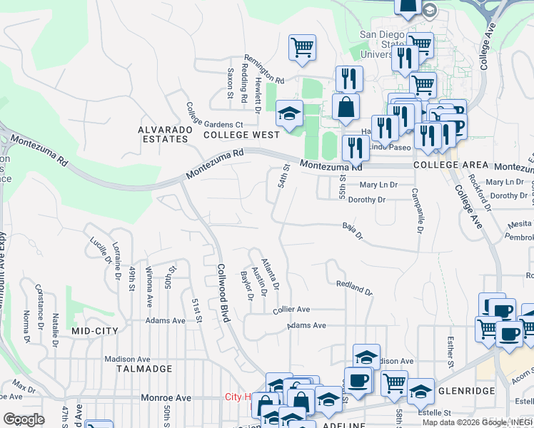 map of restaurants, bars, coffee shops, grocery stores, and more near 5014 Faber Way in San Diego