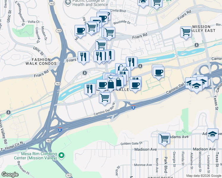 map of restaurants, bars, coffee shops, grocery stores, and more near 5180 Mission Center Road in San Diego
