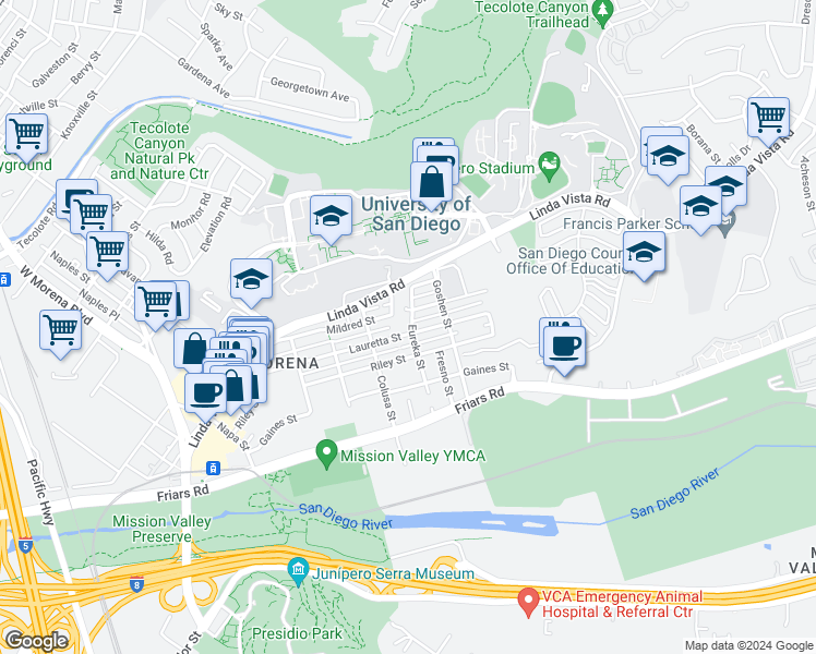 map of restaurants, bars, coffee shops, grocery stores, and more near 5800 Mildred Street in San Diego