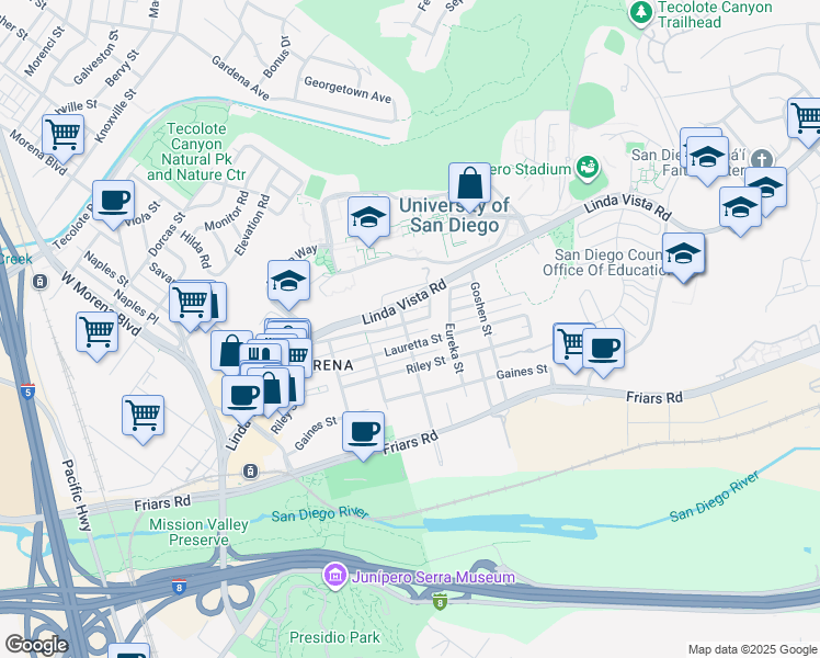 map of restaurants, bars, coffee shops, grocery stores, and more near 5725 Linda Vista Road in San Diego