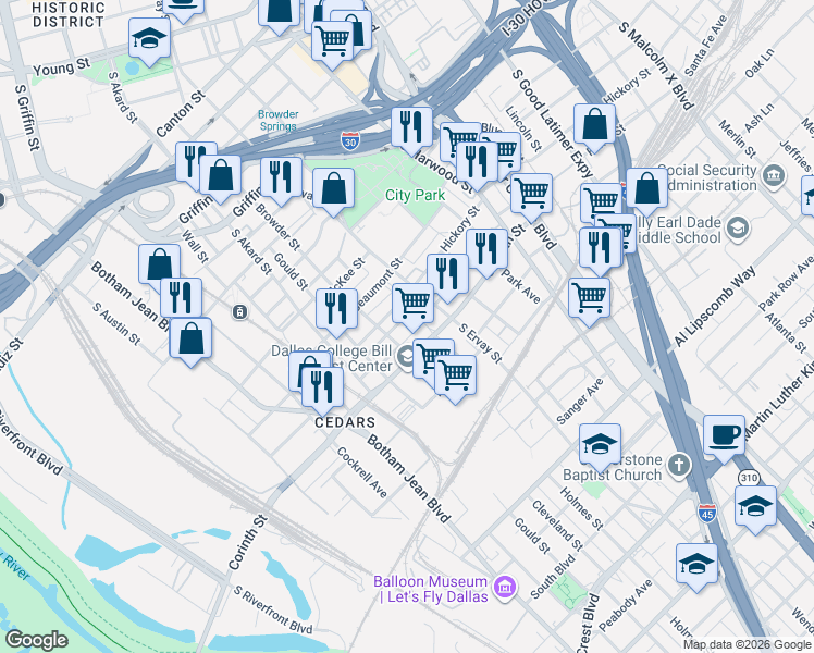 map of restaurants, bars, coffee shops, grocery stores, and more near 1521 Hickory Street in Dallas