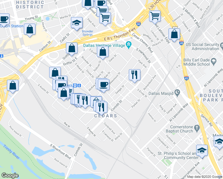 map of restaurants, bars, coffee shops, grocery stores, and more near 150 Browder Street in Dallas