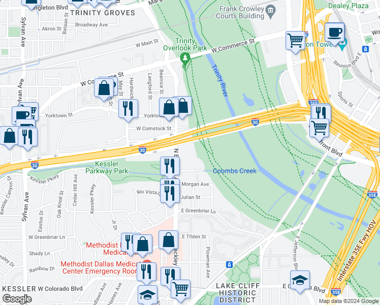 map of restaurants, bars, coffee shops, grocery stores, and more near 2036 North Beckley Avenue in Dallas