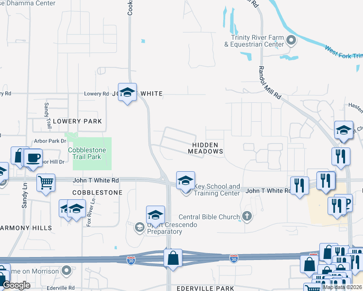 map of restaurants, bars, coffee shops, grocery stores, and more near 7936 Meadow Spring Lane in Fort Worth