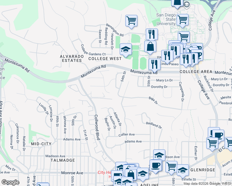 map of restaurants, bars, coffee shops, grocery stores, and more near 5014 Faber Way in San Diego