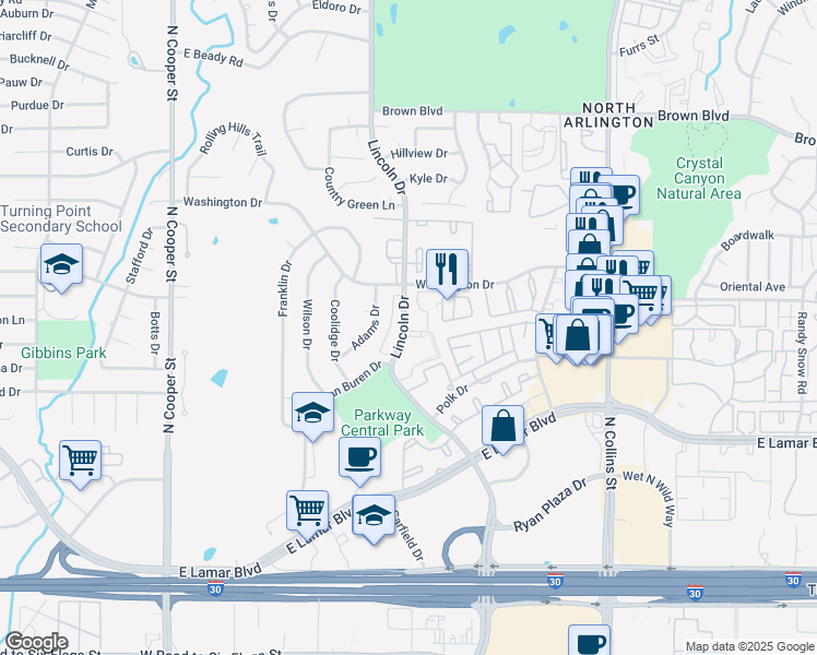 map of restaurants, bars, coffee shops, grocery stores, and more near 2109 Lincoln Drive in Arlington