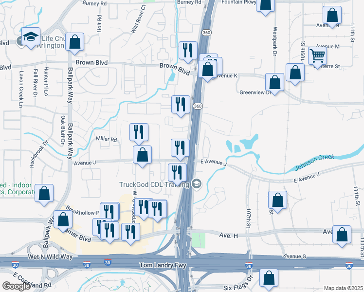map of restaurants, bars, coffee shops, grocery stores, and more near 1201 North Watson Road in Arlington
