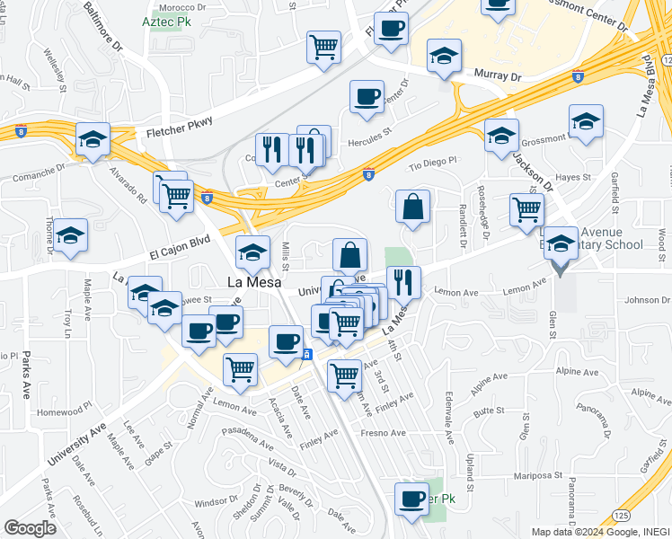 map of restaurants, bars, coffee shops, grocery stores, and more near Palm Avenue & Orchard Avenue in La Mesa