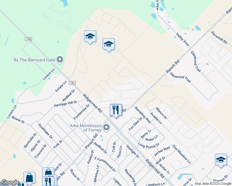 map of restaurants, bars, coffee shops, grocery stores, and more near 205 Freedom Tr in Forney