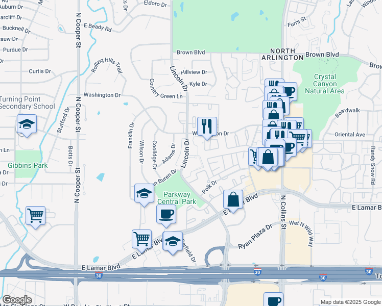 map of restaurants, bars, coffee shops, grocery stores, and more near 2109 Lincoln Drive in Arlington